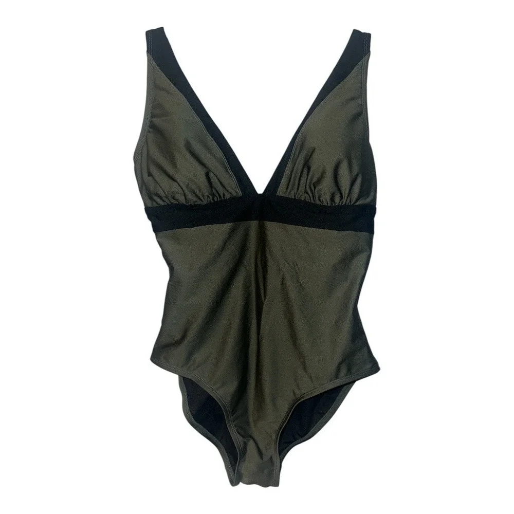 DKNY Green/Black V-Neck Contrast Trim One Piece Swimsuit, Size‎ 12 - Picture 2 of 7